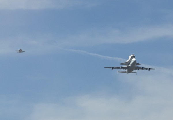 Our first view of Endeavour and an escort jet from Baldwin Hills Our first view of Endeavour and an escort jet from Baldwin Hills