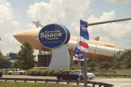 KSC sign with shuttle booster rockets