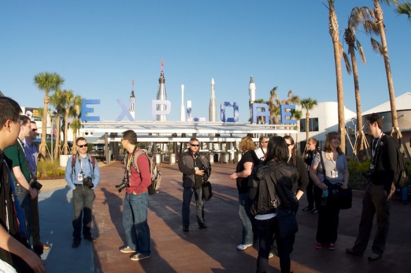 NASASocial group talking in front of the entrance to the KSC Visitor's Complex NASASocial group talking in front of the entrance to the KSC Visitor's Complex