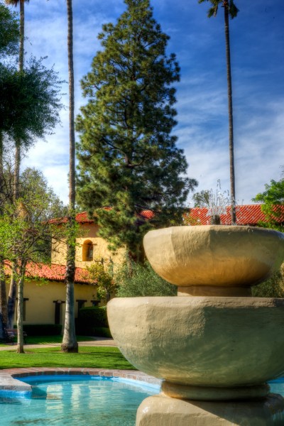 A fountain in the middle of the Mission courtyard