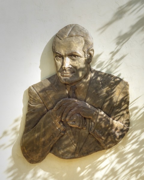 Bob Hope artwork overlooks the Bob Hope Memorial Gardens at the rear of the San Fernando Mission.